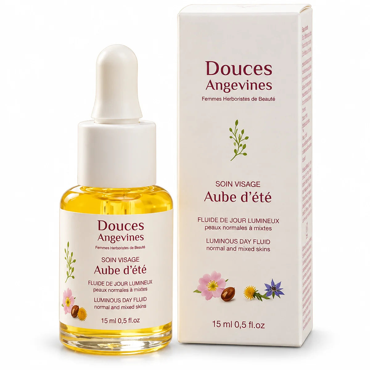 Aube d'été Soin Visage Jour Douces Angevines - Boîte et flacon sérum doré