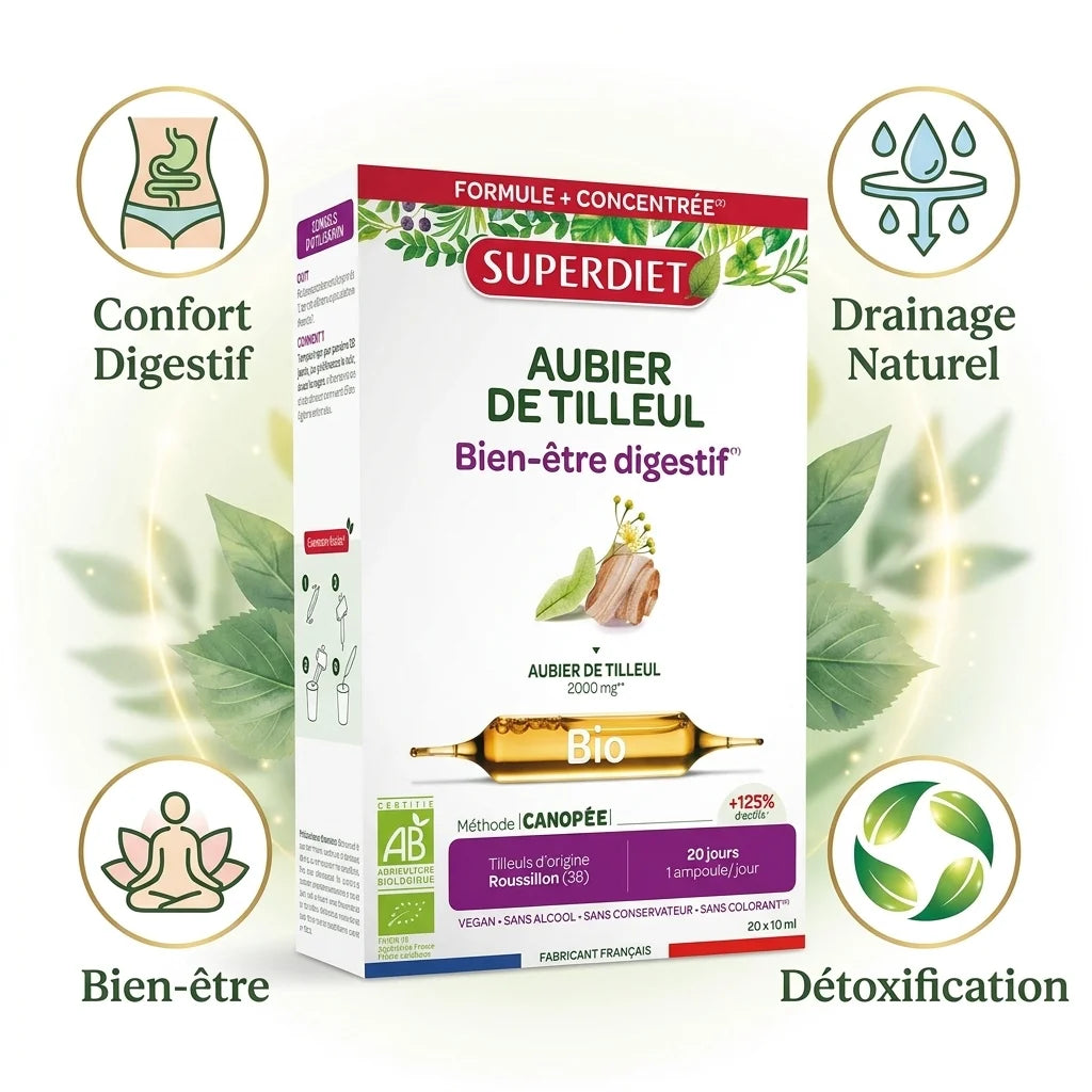 Aubier de Tilleul Bio Superdiet 20 ampoules avec bénéfices digestif drainage détoxification bien-être