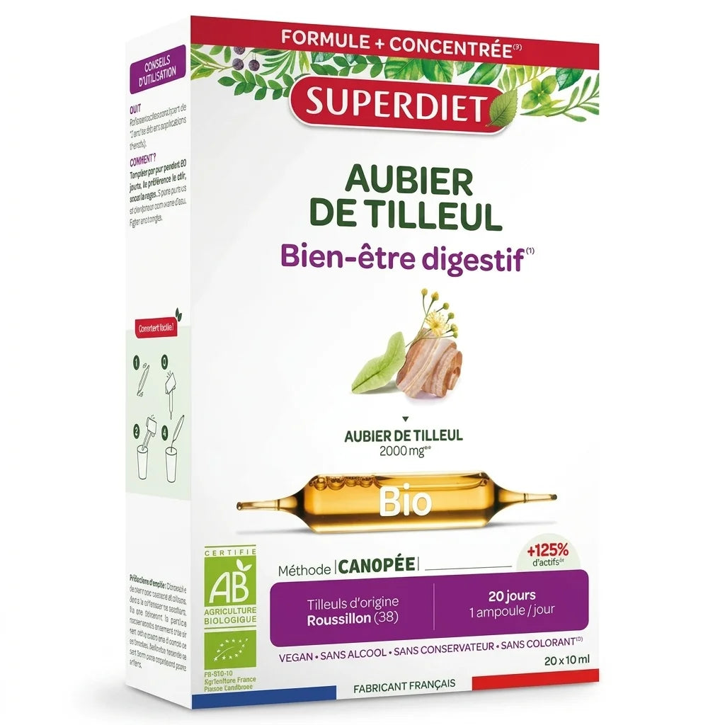 Aubier de Tilleul Bio Superdiet 20 ampoules 15ml emballage blanc bourgogne certifié AB