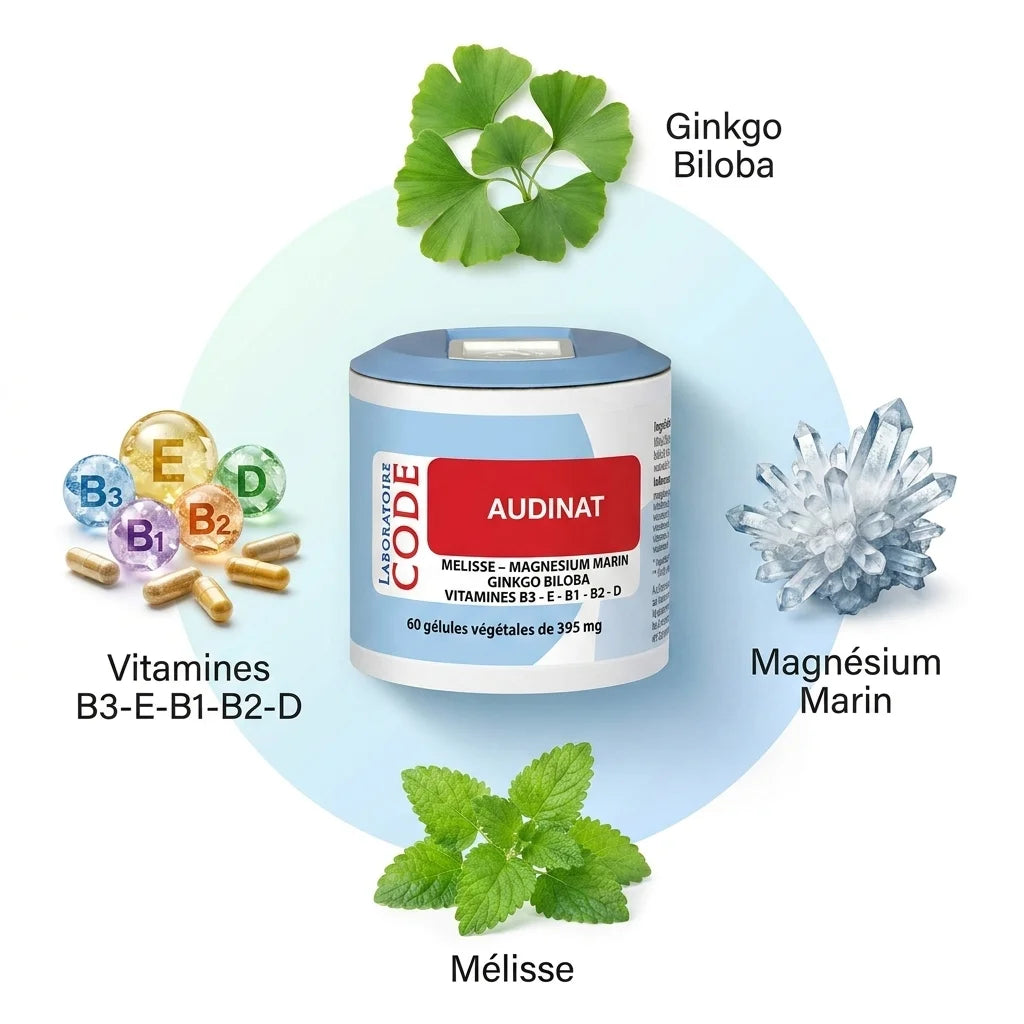 Audinat complément auditif 60 gélules avec ingrédients Ginkgo biloba, magnésium marin et vitamines