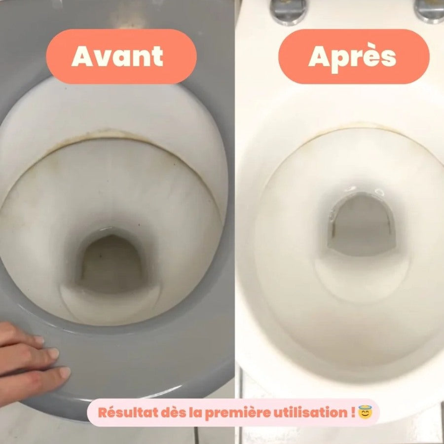 Comparaison avant/après utilisation du nettoyant pour wc en stick de la marque Pimpant