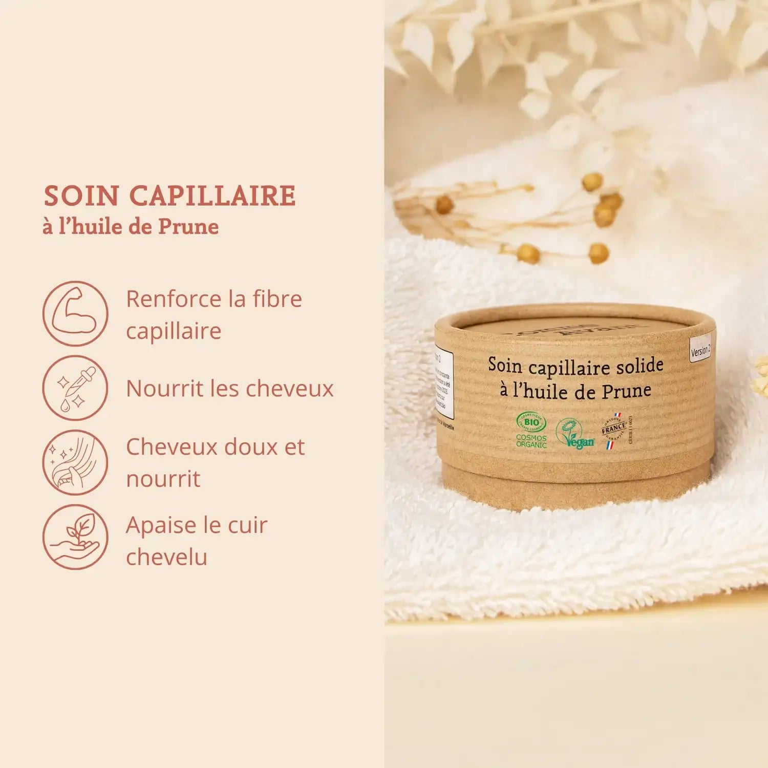 Avantages et bienfaits du Soin capillaire solide à l'huile de Prune sans parfum de Comme Avant