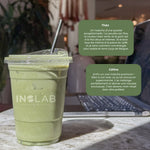 Avis clients sur la matcha de la marque INOLAB, on peut voir un gobelet de matcha