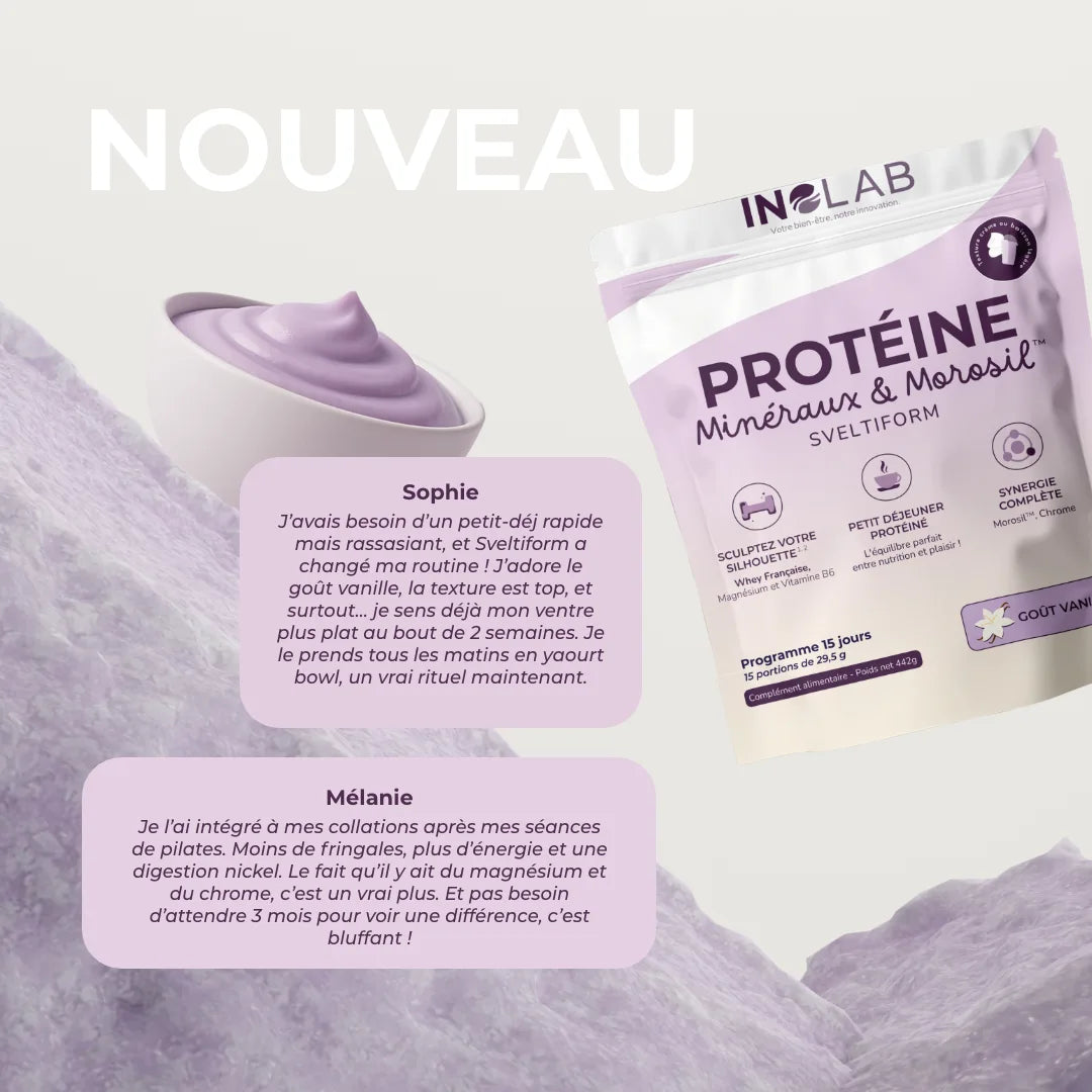 Avis clients sur le sveltiforme de la marque INOLAB, on peut voir une glace au protéines ainsi que le sachet de sveltiforme