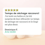 Avis d'un client à propos des boules de séchage en laine de Pimpant, qui vante le temps de séchage réduit