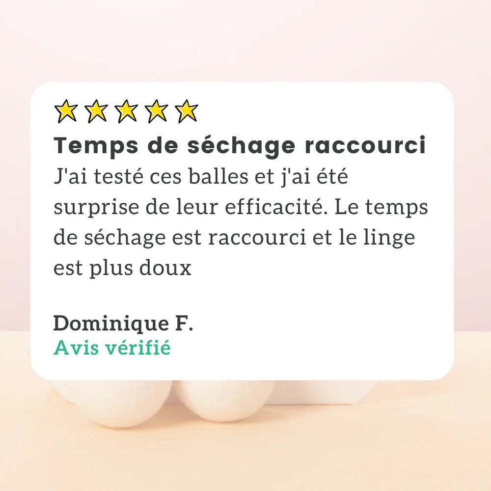 Avis d'un client à propos des boules de séchage en laine de Pimpant, qui vante le temps de séchage réduit