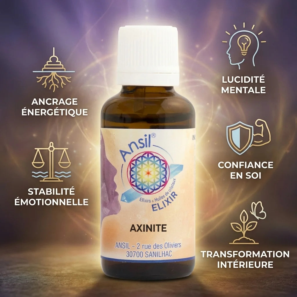 Élixir de cristal Axinite 30ml Ansil avec ses 5 bénéfices : ancrage, lucidité, confiance, transformation et stabilité