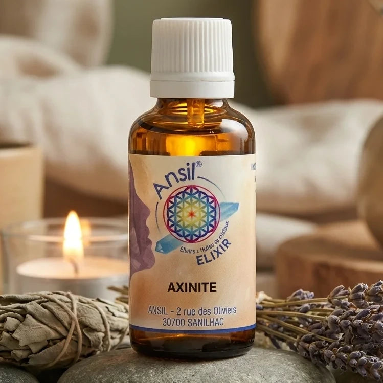 Bouteille Ansil Axinite élixir cristal 30ml ambiance bien-être avec pierres et herbes