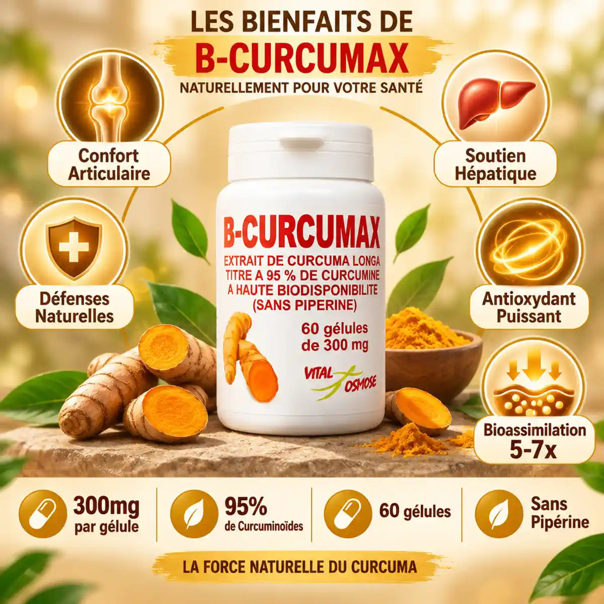 B-curcumax 300mg flacon avec bénéfices : confort articulaire, foie, antioxydant et bioassimilation