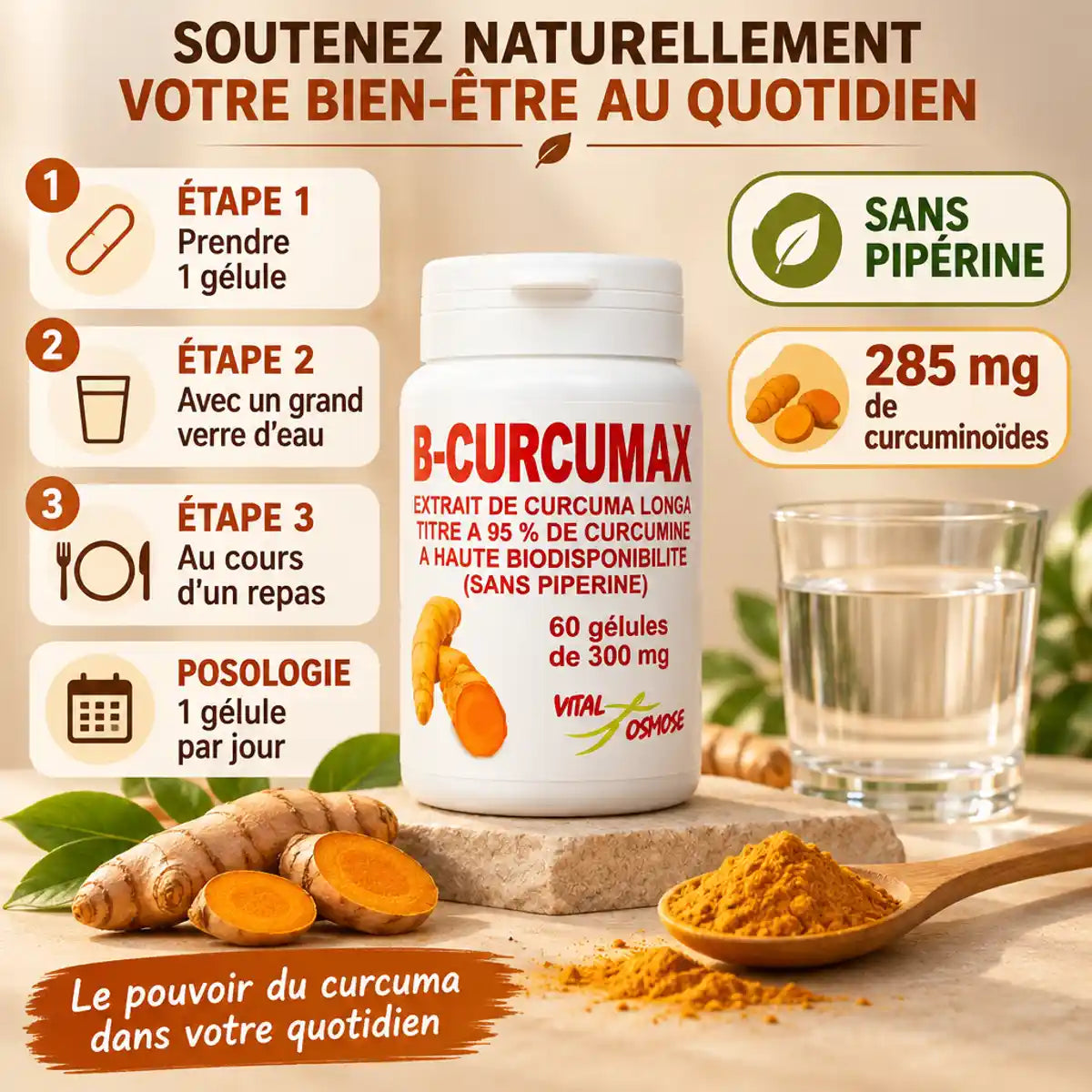 B-Curcumax 300 mg 60 gélules avec curcuma frais et instructions d'utilisation en français