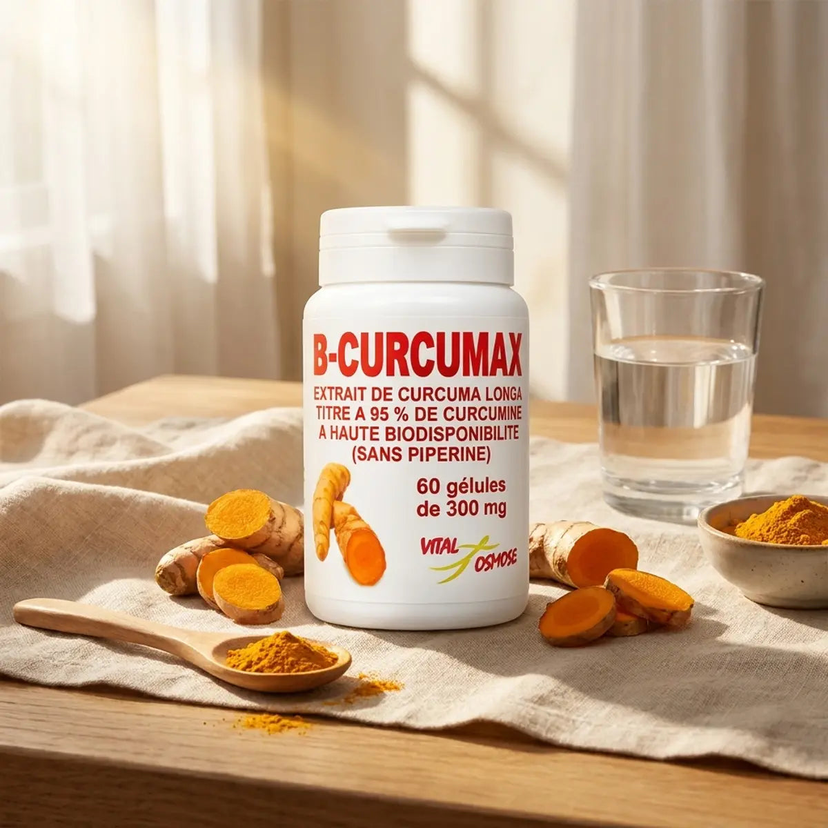 B-Curcumax 300mg bouteille avec curcuma, tisane wellness et accessoires naturels