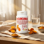 B-Curcumax 300mg bouteille avec curcuma, tisane wellness et accessoires naturels