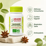 Badiane bio 60 gélules Graine Sauvage avec icônes bénéfices : défenses, digestion, respiration et antioxydants