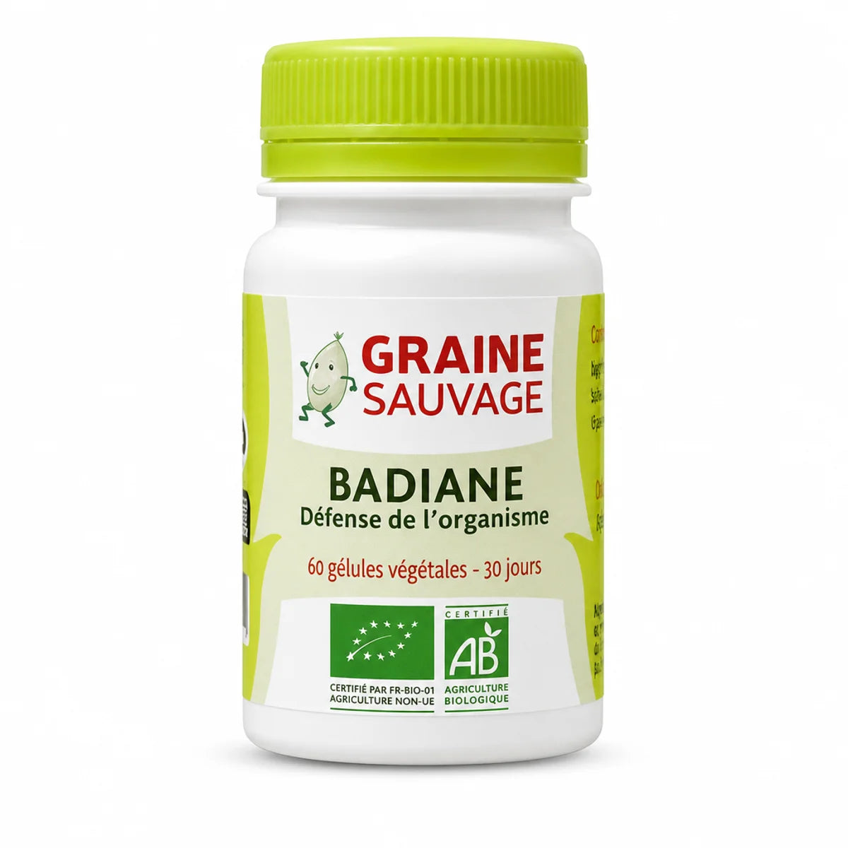 Badiane bio 60 gélules Graine Sauvage flacon blanc avec bouchon vert anis fond blanc