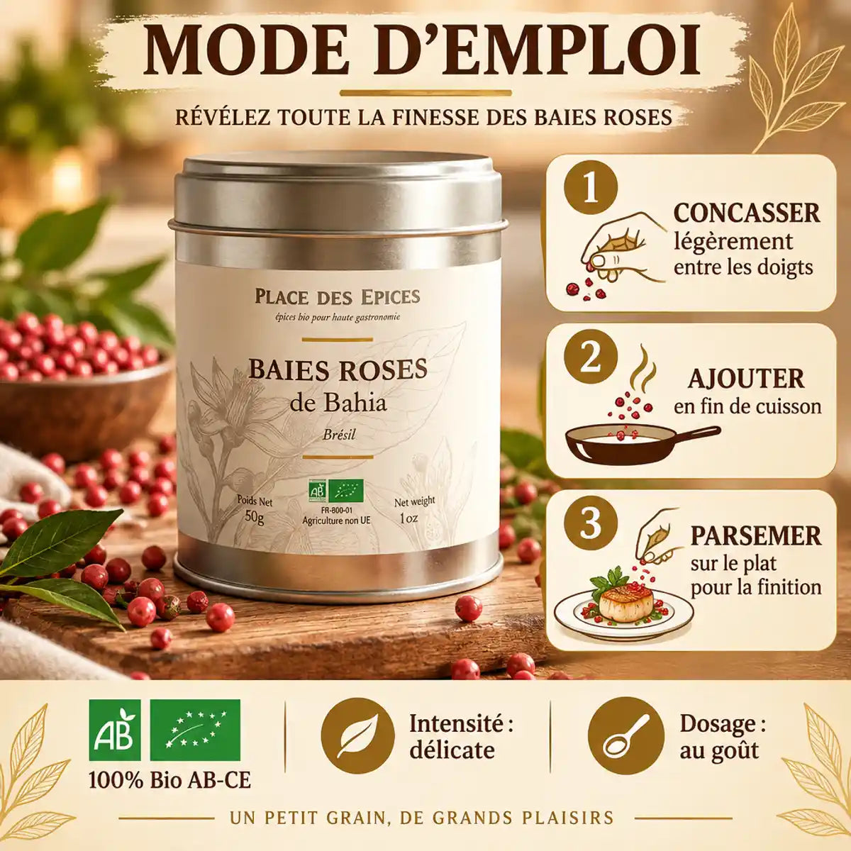 Baies roses bio du Brésil 50g - Boîte métallique avec mode d'emploi et baies roses éparpillées