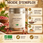 Baies roses bio du Brésil 50g - Boîte métallique avec mode d'emploi et baies roses éparpillées