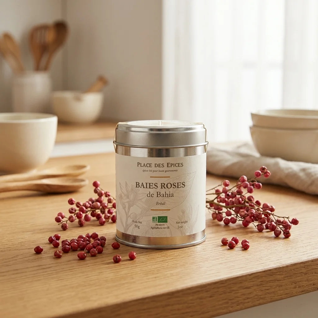 Baie Rose du Brésil Bio 50g Place des épices en boîte sur surface bois avec poivre rose frais