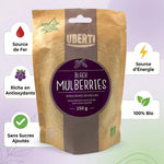 Baies séchées de Mûres Noires Uberti 150g avec infographie bénéfices santé bio
