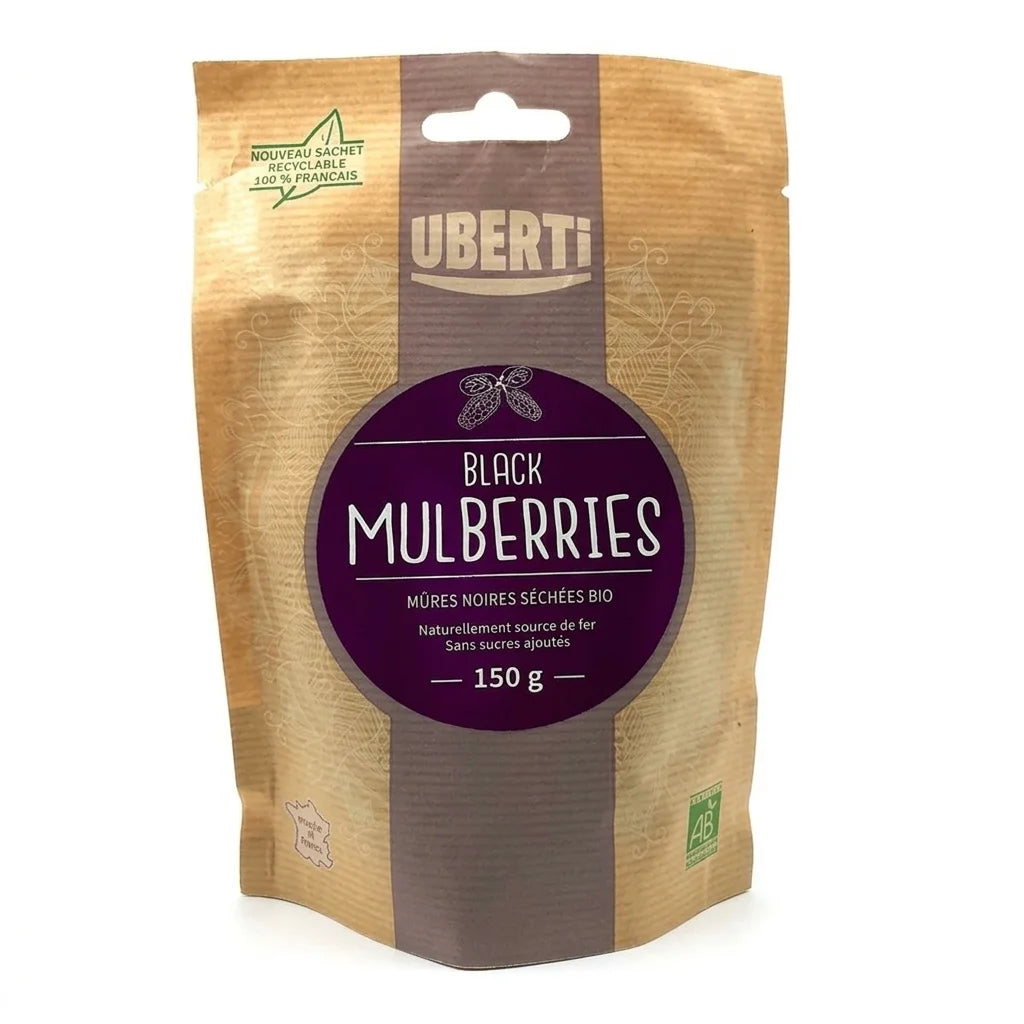 Baies séchées de Mûres Noires Uberti 150g en sachet kraft sur fond blanc