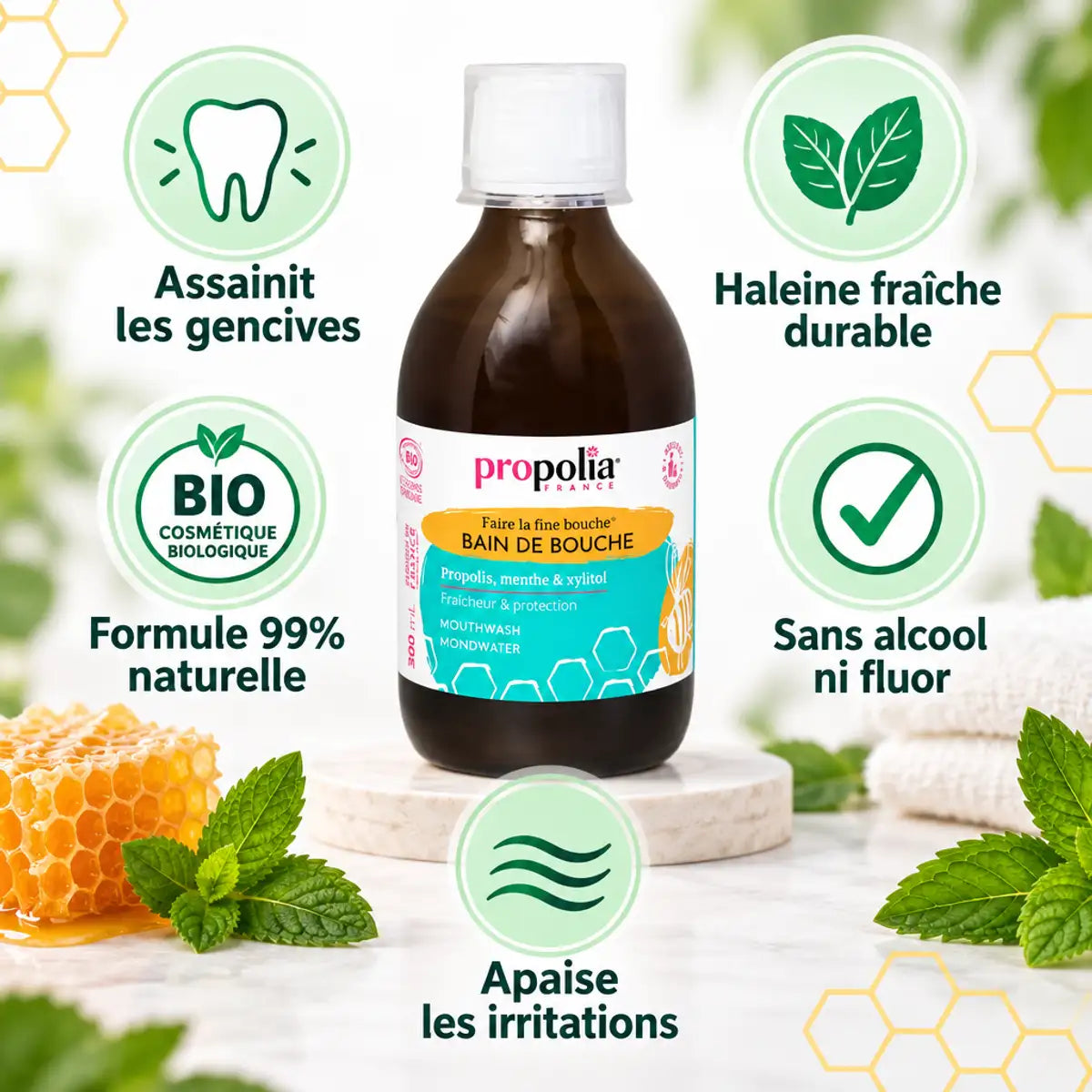 Bain de bouche Propolia Propolis & Menthe 300ml avec bénéfices naturels pour les gencives