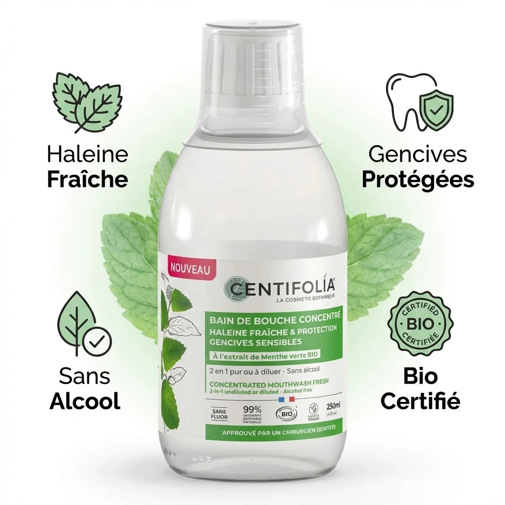 Bain de bouche Bio Centifolia 250ml avec bénéfices : haleine fraîche, gencives protégées, sans alcool