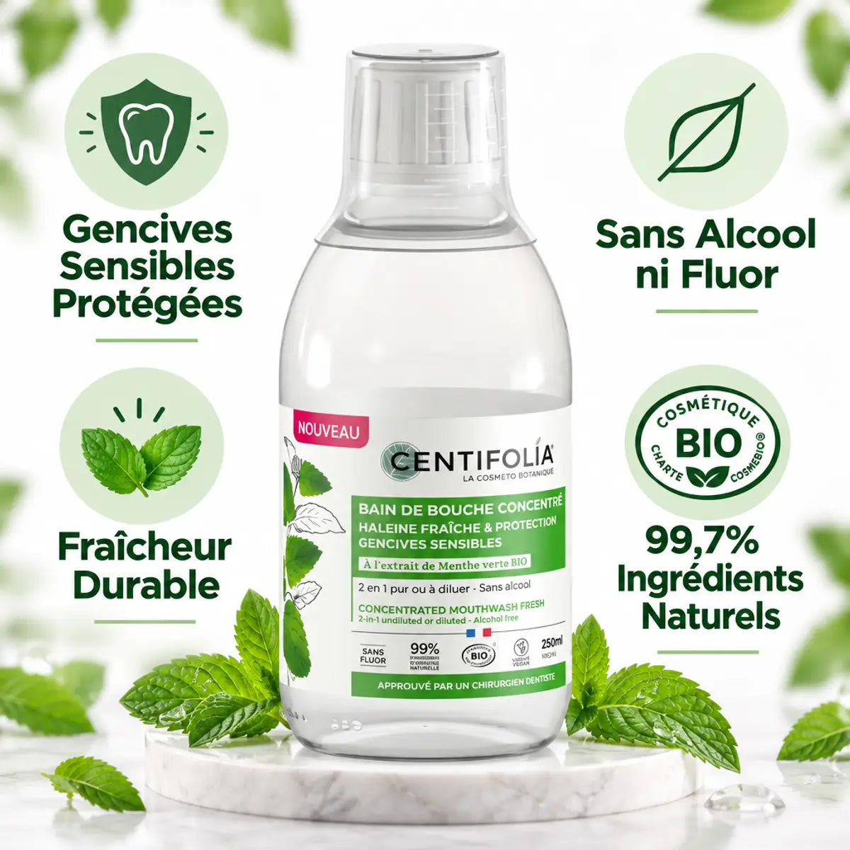 Bain de bouche Centifolia bio 250ml avec bénéfices: gencives sensibles, sans alcool, fraîcheur durable