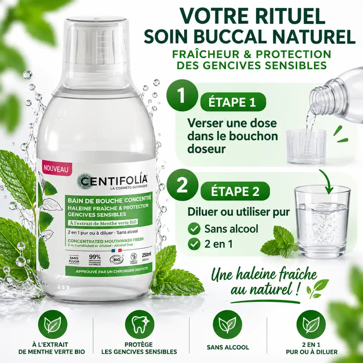 Bain de bouche Centifolia 250ml concentré 2-en-1 bio avec guide d'utilisation et doseur