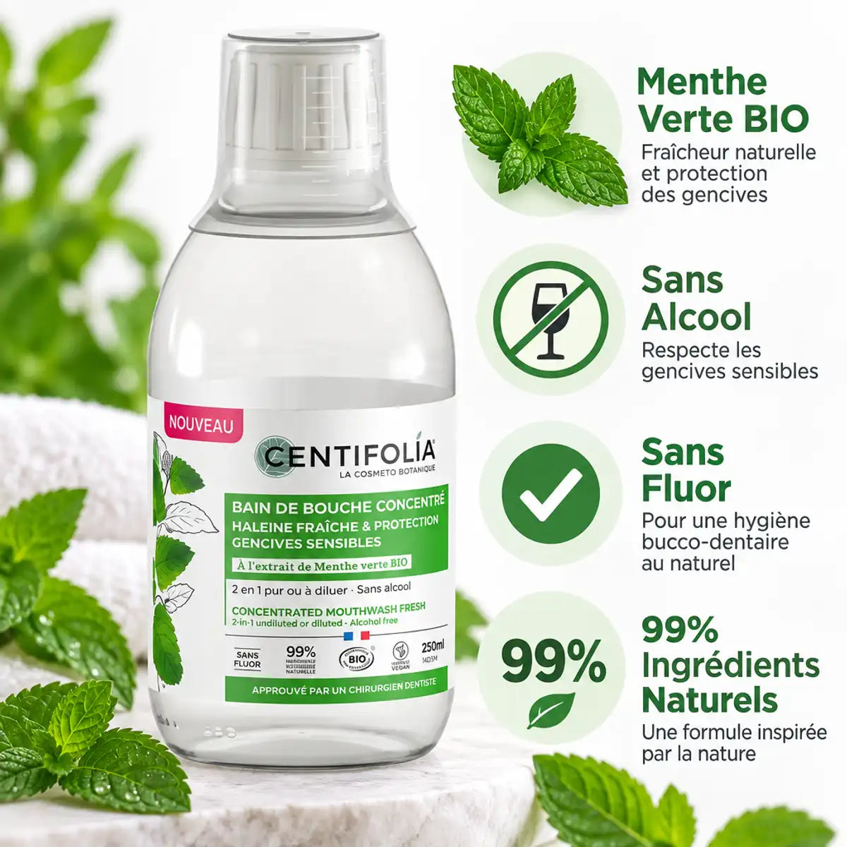 Bain de bouche concentré 2-en-1 Bio Centifolia 250ml avec ingrédients naturels sans alcool