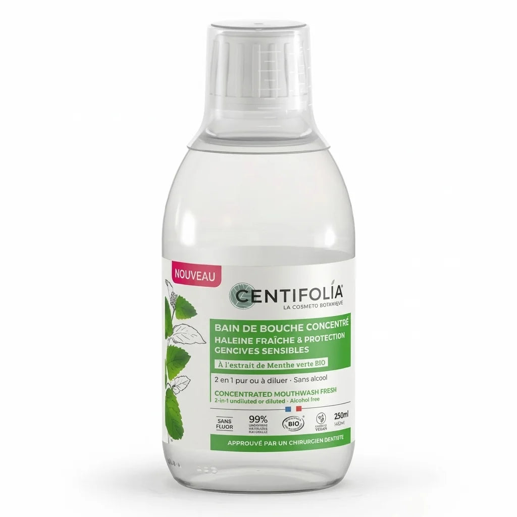 Bain de bouche concentré 2-en-1 Bio Centifolia 250ml avec label vert et feuille de menthe
