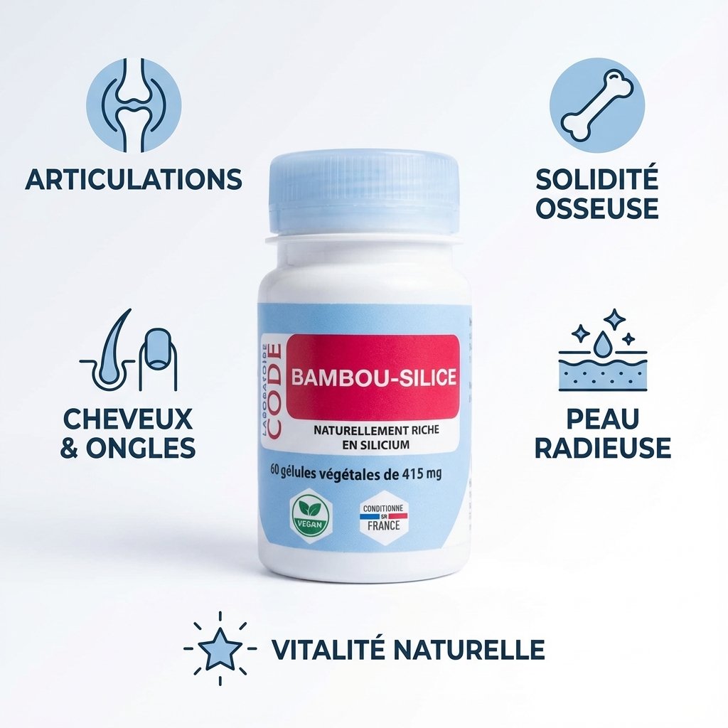 Bambou Silice 60 gélules Laboratoire Code avec bénéfices articulations, os, cheveux, peau et vitalité