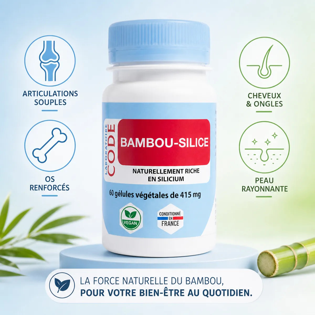 Bambou Silice 60 gélules - Articulations, os, cheveux et peau avec icônes bénéfices