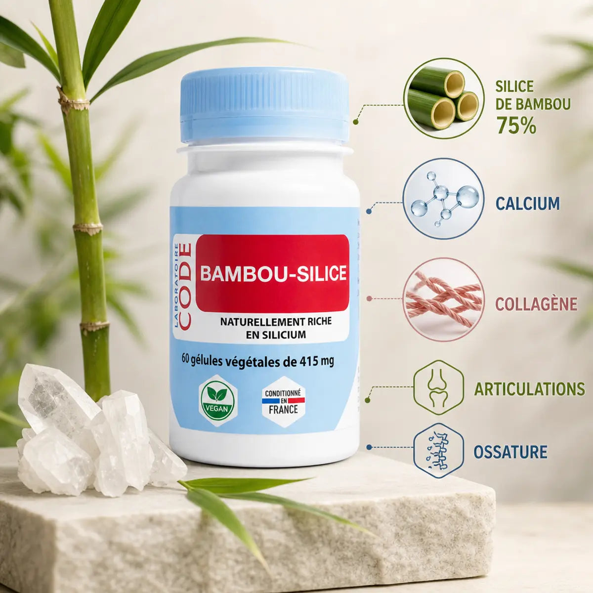 Bambou Silice 60 gélules Laboratoire Code avec ingrédients bambou, silicium et calcium pour articulations