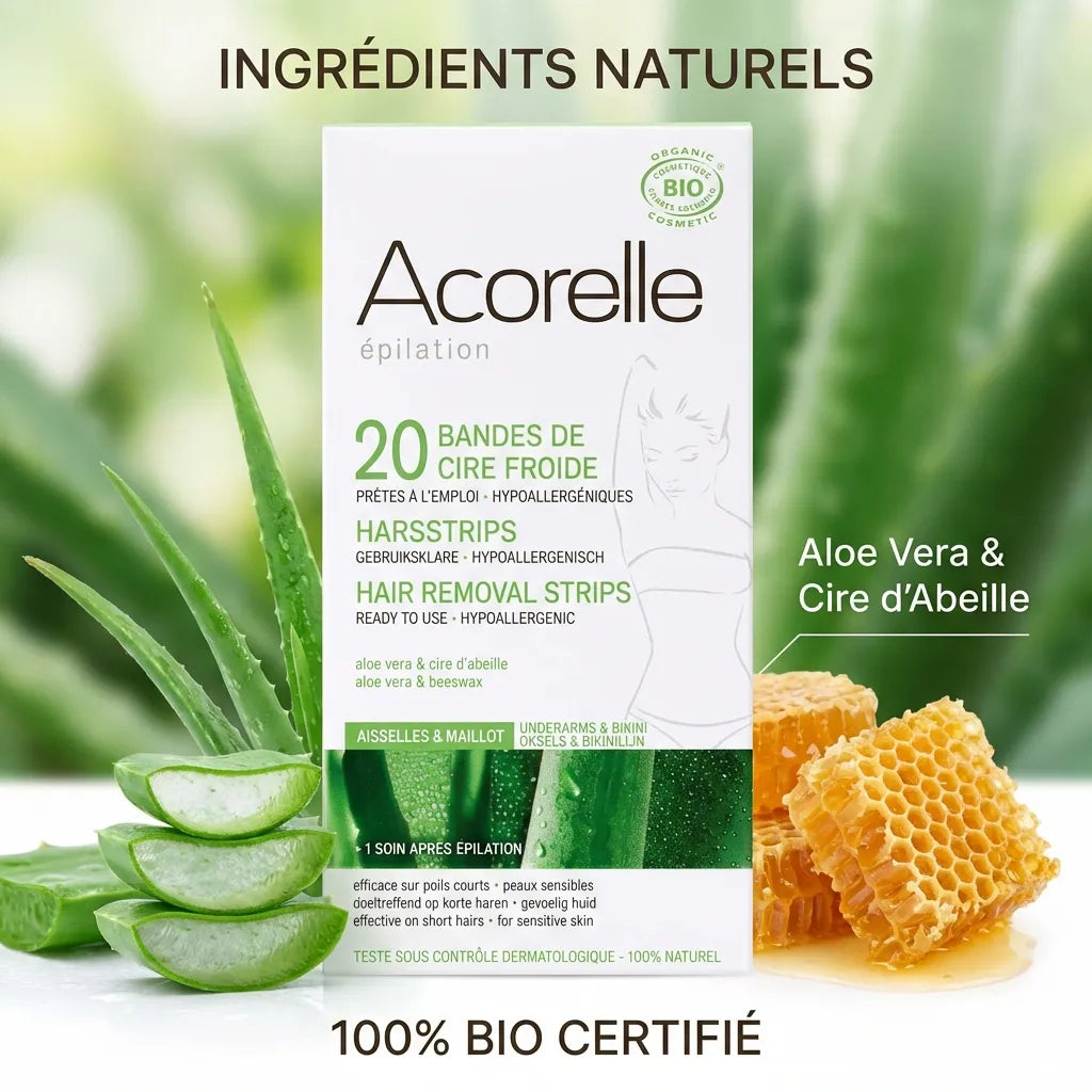 Bandes de cire froide bio Acorelle avec aloe vera et cire d'abeille naturelle