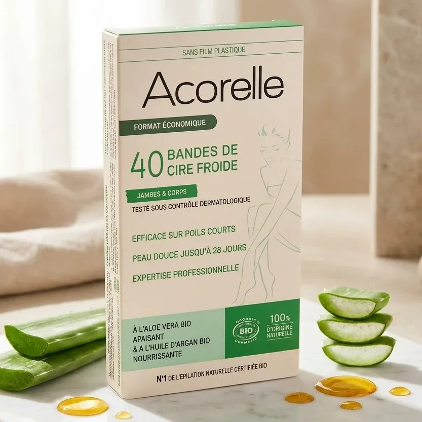 Boîte Acorelle bandes cire froide 40 bandes avec aloe vera et huile d'argan sur marbre