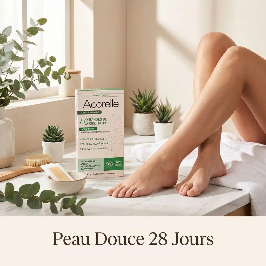 Bandes de cire froide Acorelle bio 40 bandes sur marbre blanc avec plantes spa bien-être