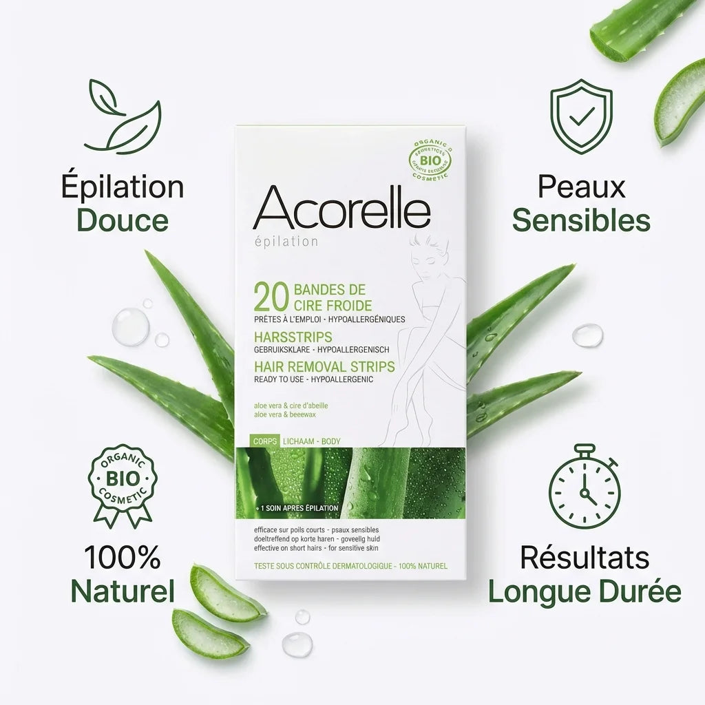 Bandes de cire froide Acorelle bio avec icônes bénéfices épilation douce peaux sensibles naturel