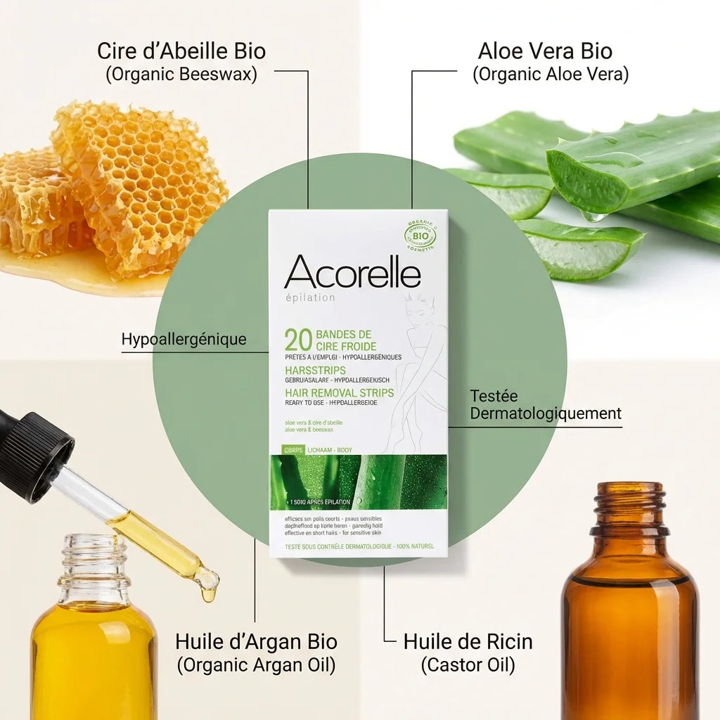 Bandes de cire froide Bio Acorelle avec ingrédients naturels : cire d'abeille, aloe vera, argan et ricin