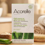 Bandes de cire froide Acorelle bio avec soin apaisant sur vanité spa minimaliste