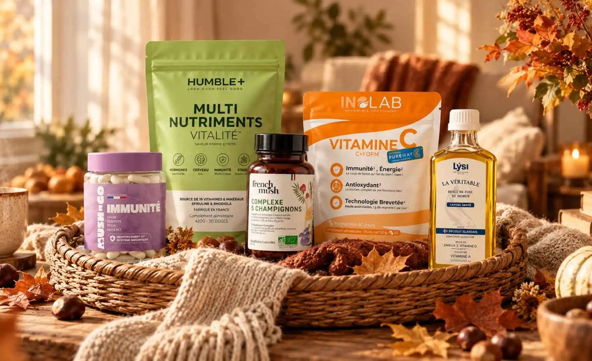 Selection cure automnale, immunité, multivitamines, vitamine C, complexe 5 champignon et huile de foie de morue