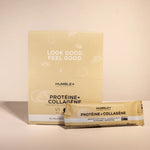 Barre protéines collagène amande Humble - Packaging blanc et or professionnel avec sa boite