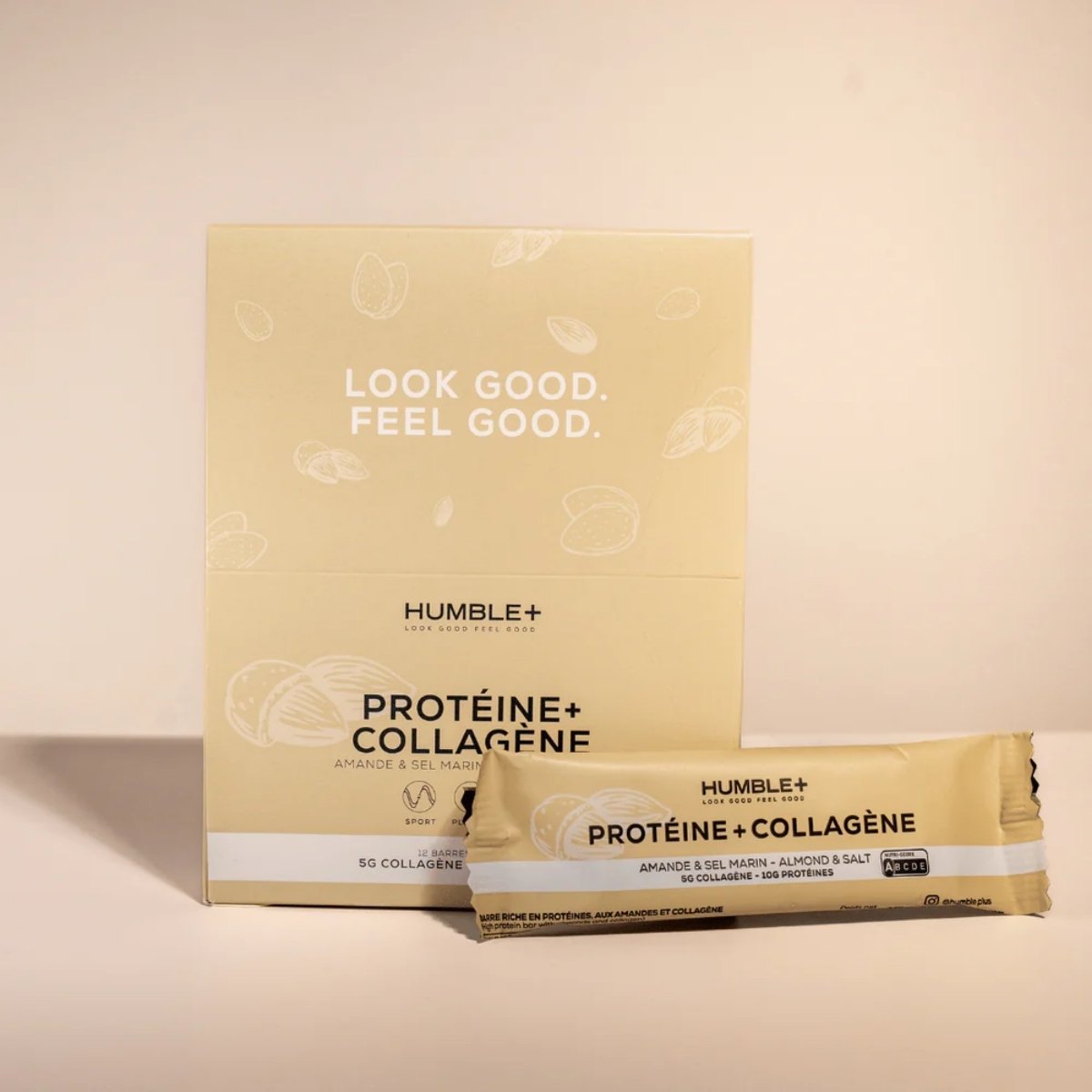 Barre protéines collagène amande Humble - Packaging blanc et or professionnel avec sa boite