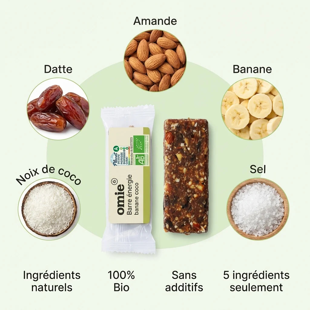 Barre énergie banane coco bio Omie 35g avec ses 5 ingrédients naturels: datte, amande, banane, noix de coco, sel
