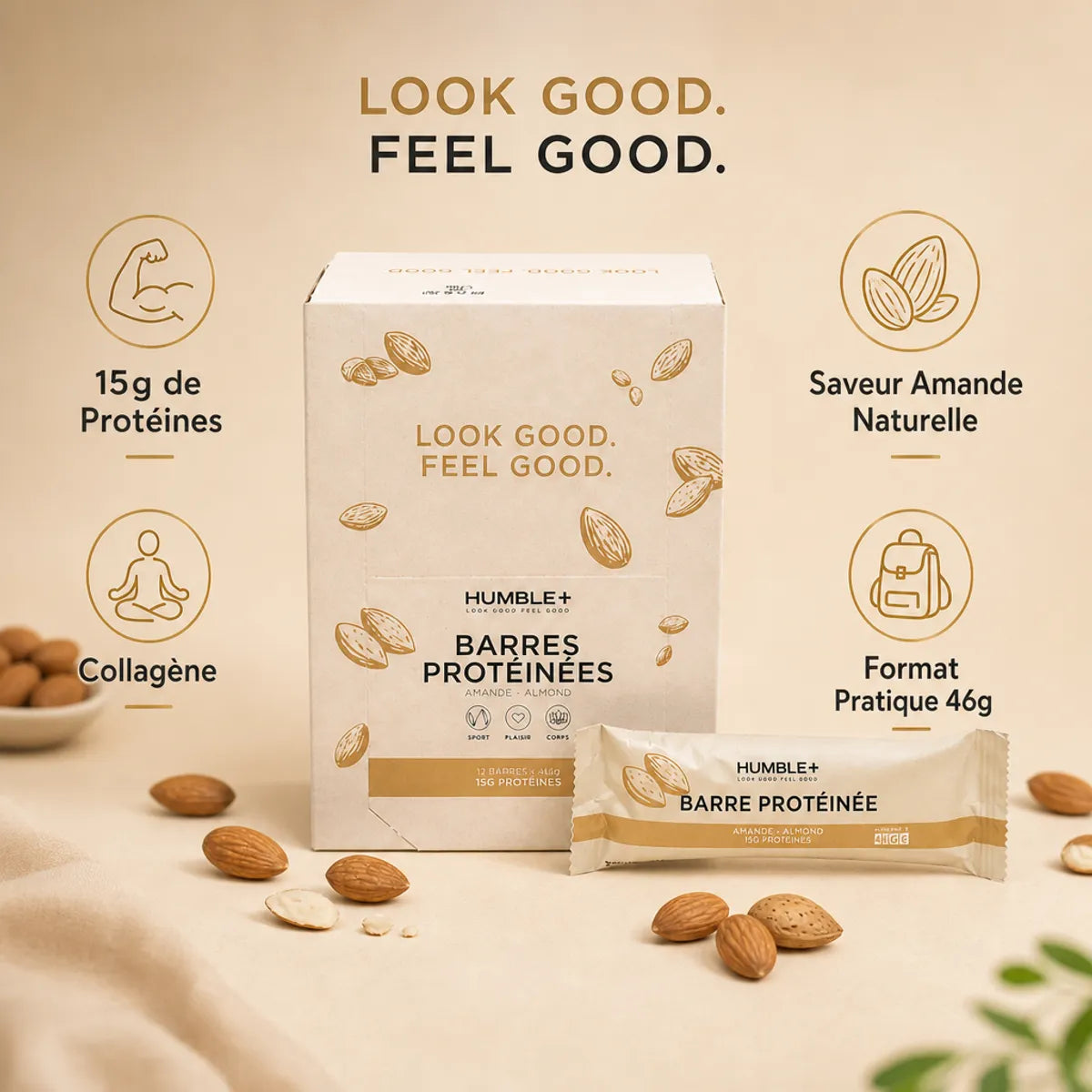 Barre Protéinée Humble+ Amande 15g de protéines, collagène, format 46g avec amandes