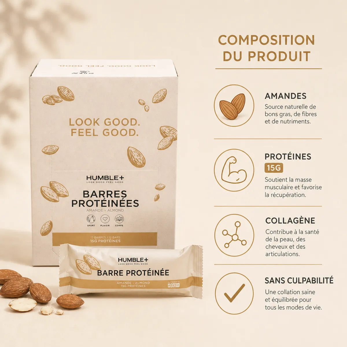 Humble+ Barre Protéinée Amande - Composition infographie avec ingrédients: amandes, protéines 15g, collagène