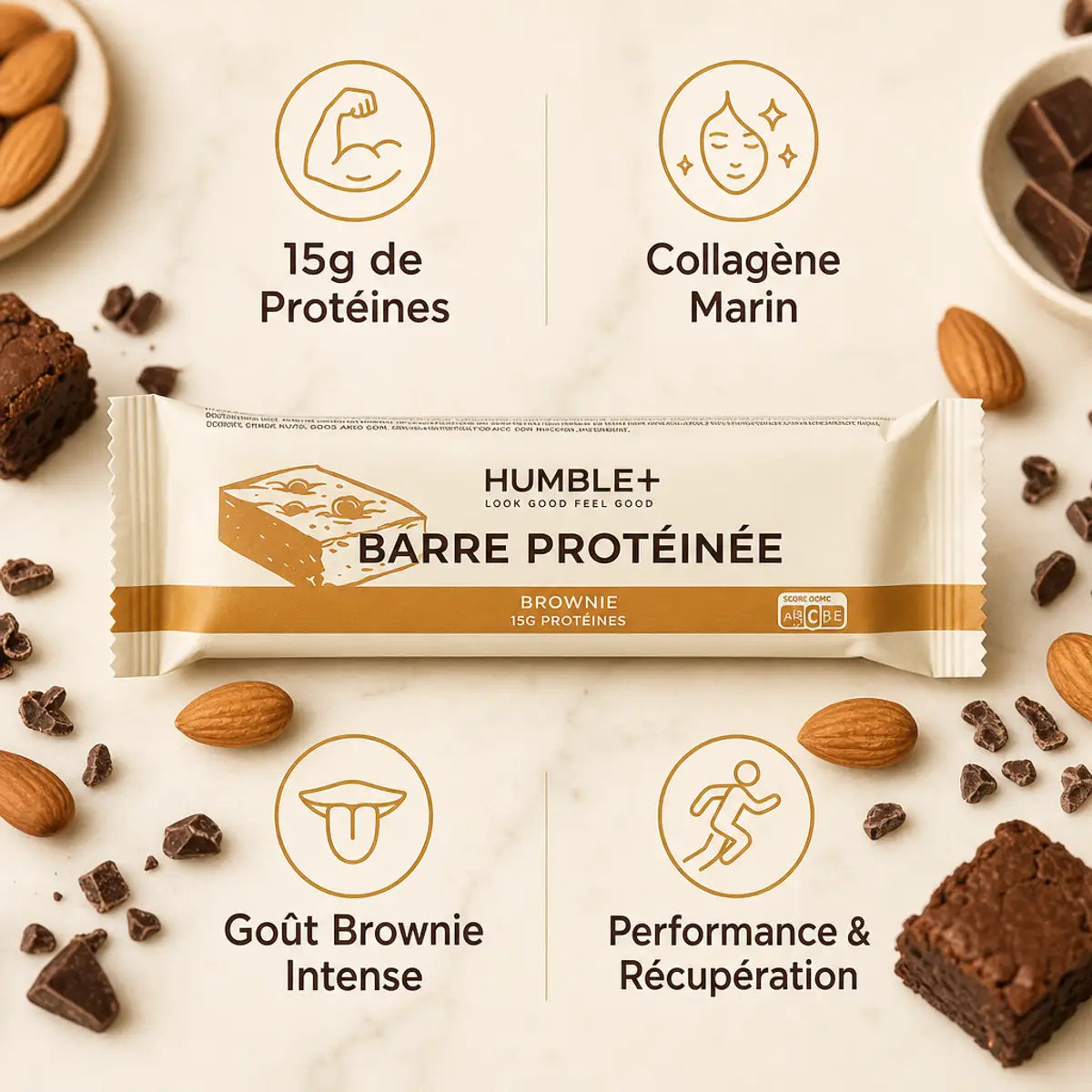 Barre protéinée Humble+ Brownie avec 15g de protéines, collagène marin et ses bénéfices fitness