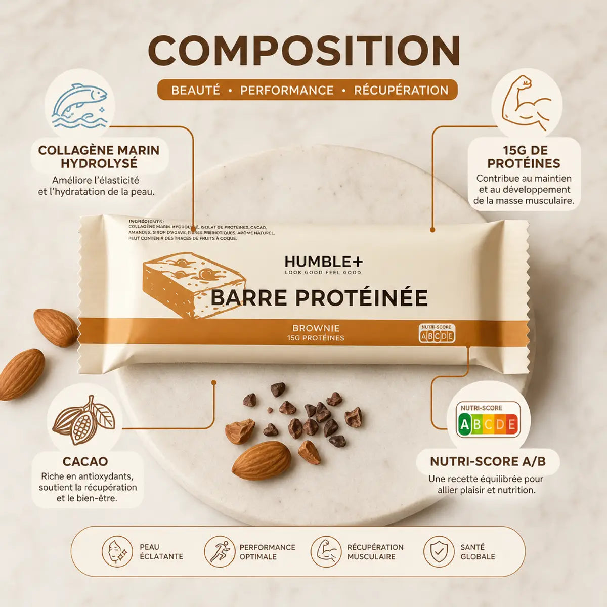 Barre Protéinée Brownie Humble+ avec collagène marin, 15g protéines et cacao