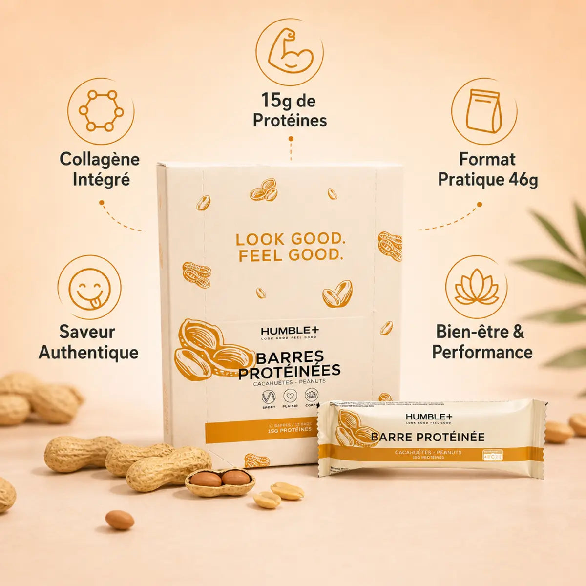 Barre Protéinée Cacahuète Humble+ 15g protéines, collagène, format 46g pratique