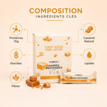 Barre Protéinée Humble+ Caramel avec infographie nutritionnelle: 15g protéines, ingrédients naturels et fibres