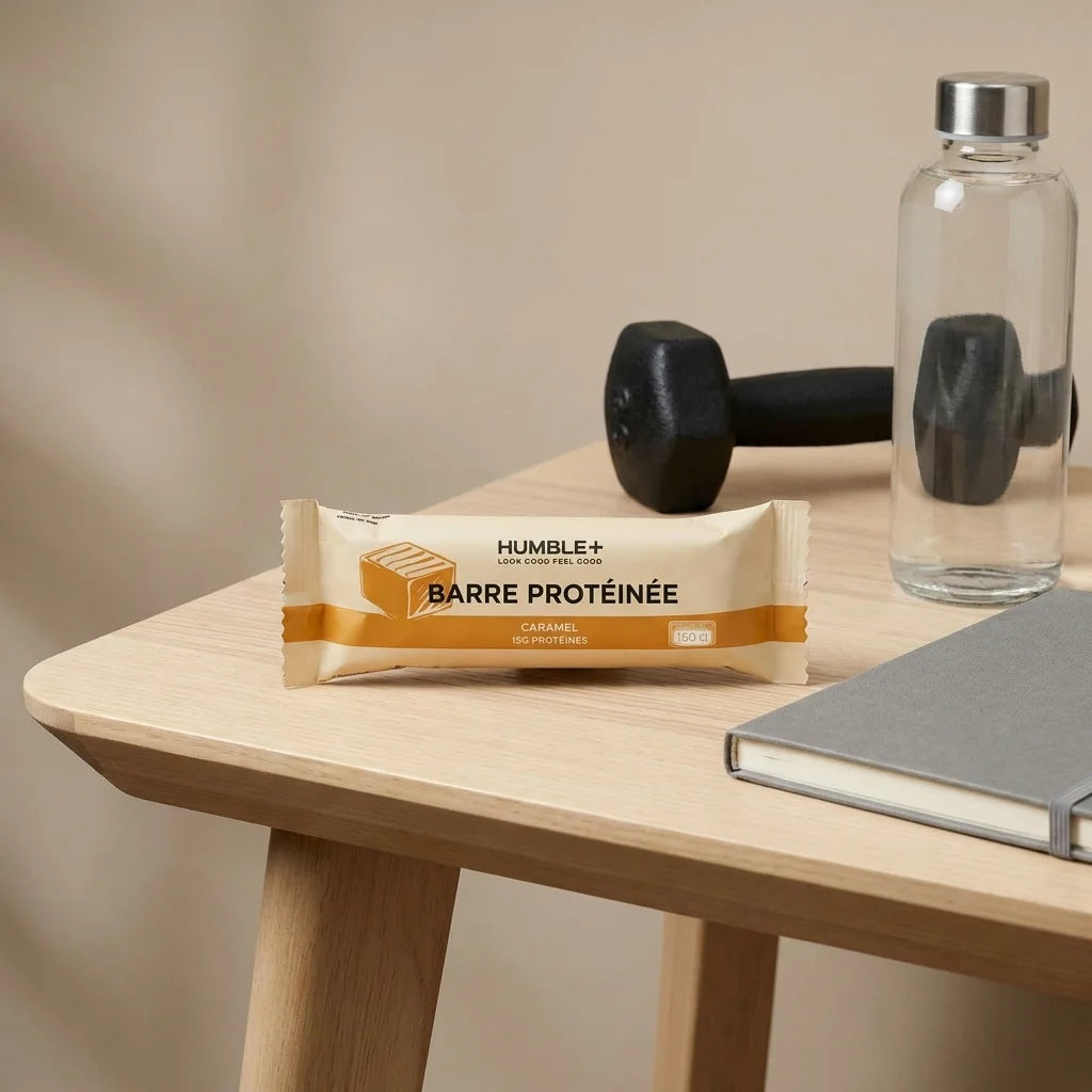 Barre Protéinée Caramel Humble+ sur un bureau avec haltère et bouteille d'eau