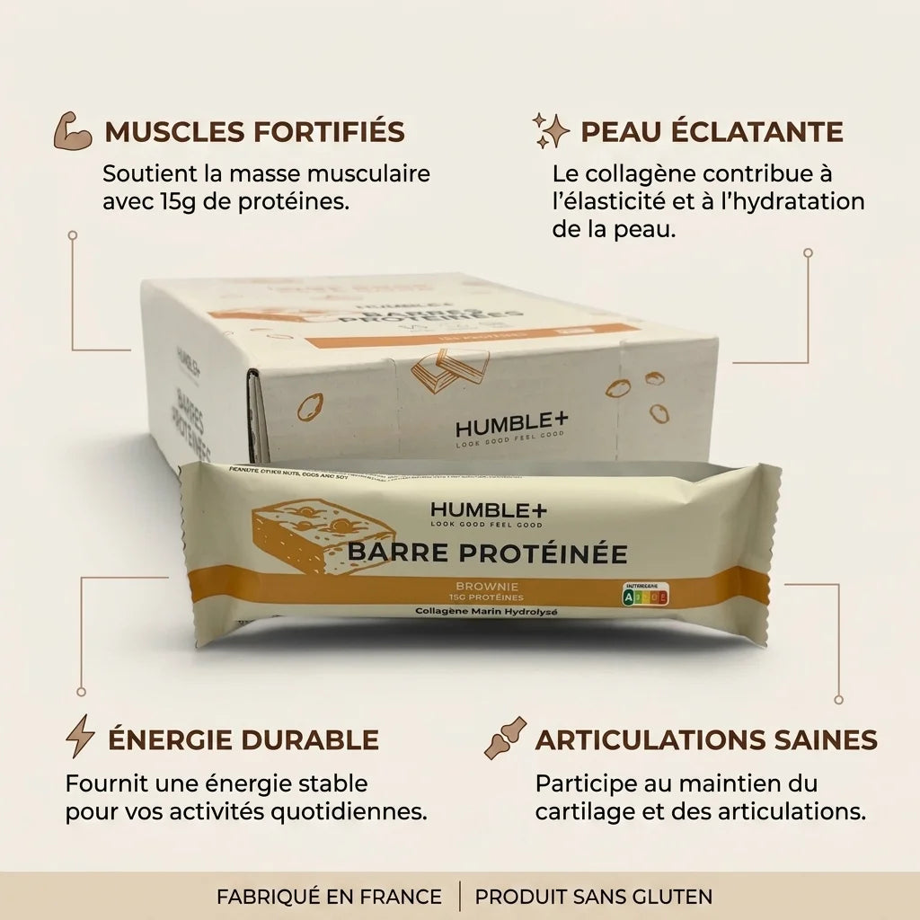 Barre Protéines Brownie Humble avec 15g protéines, collagène marin et bénéfices nutrition